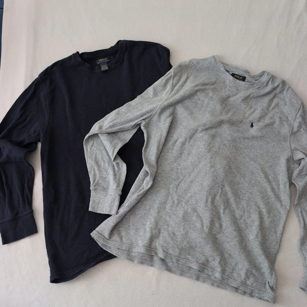Lot of 2 Polo Ralph Lauren Mens XXL Thermal Waffle Knit Long Shirts Blue Gray
